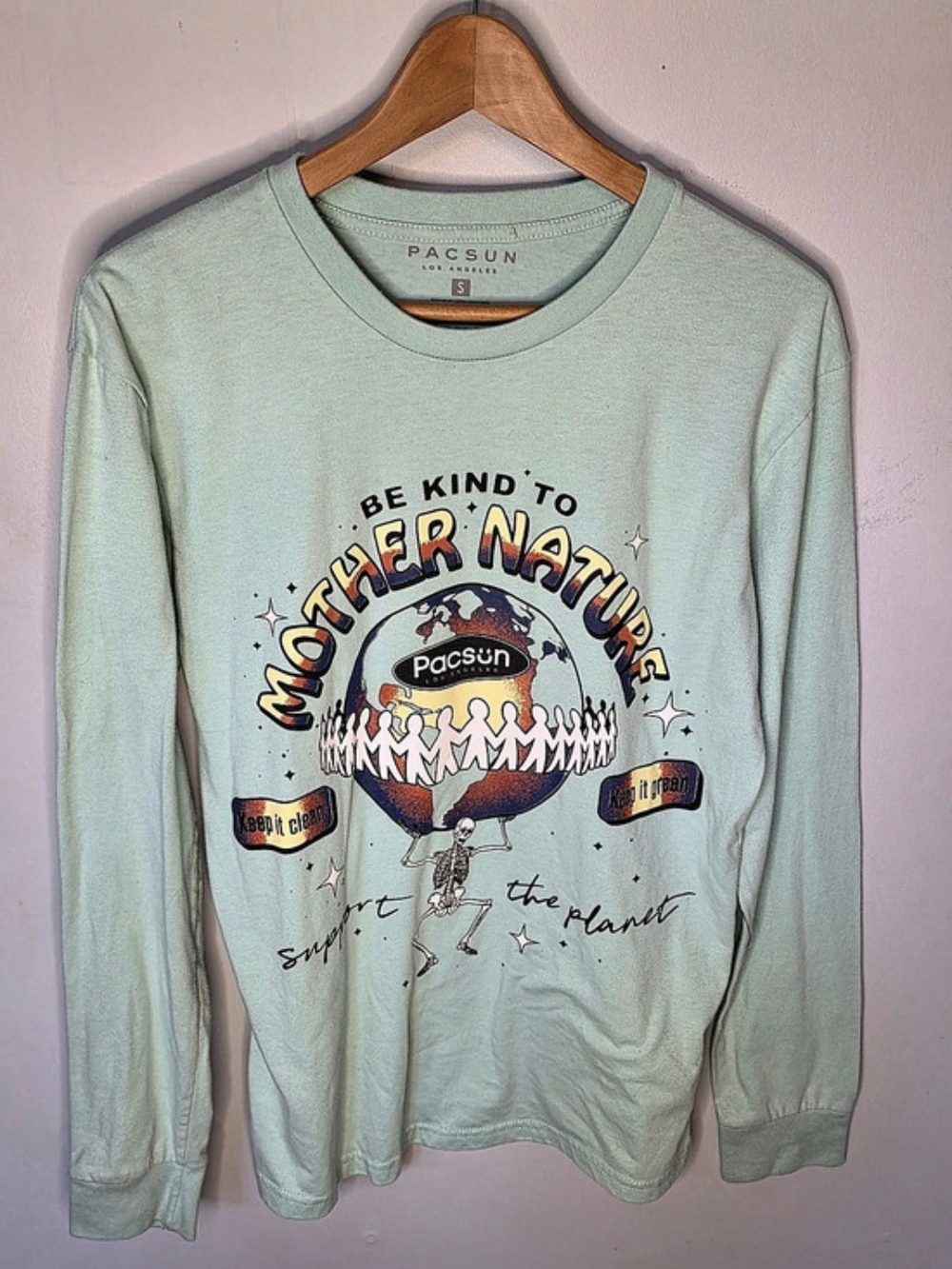 PacSun Be Kind to Mother Nature Long Sleeve Mint Green Skeleton Earth Small